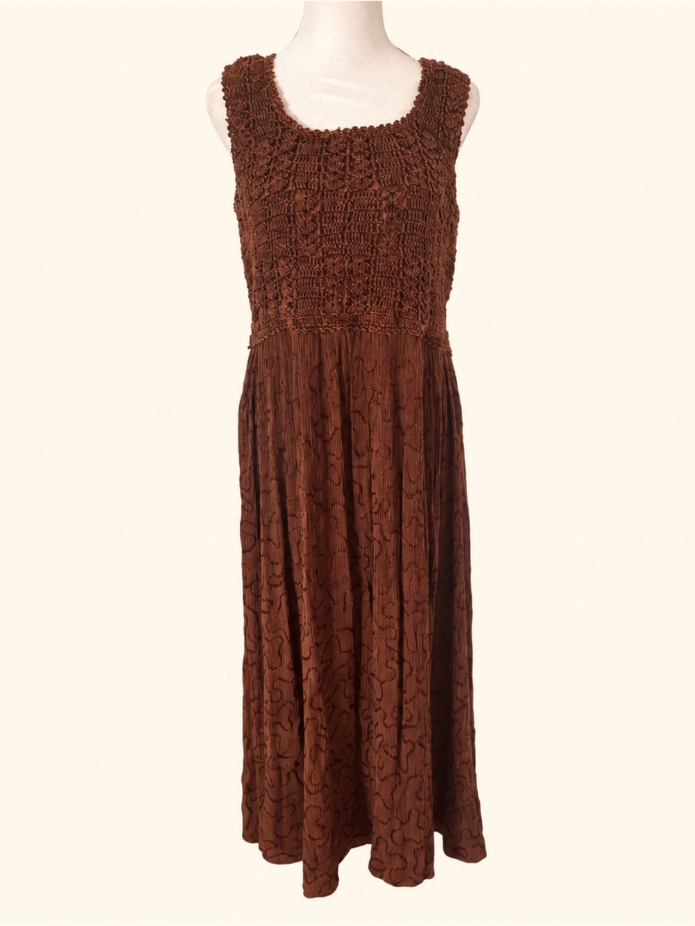 MPH Brown Boho Crochet-Knit Embroidered Rayon Maxi Dress Medium